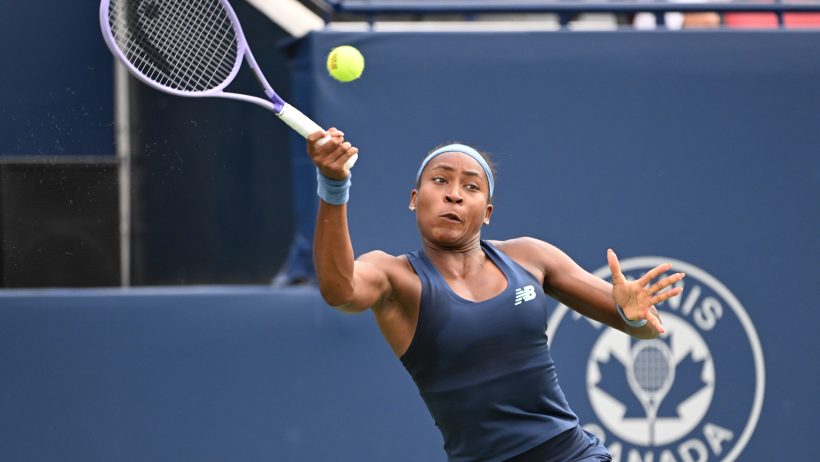 Coco Gauff hits a forehand during play at the National Bank Open.