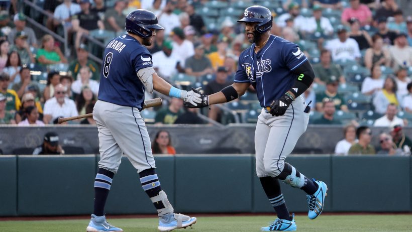 Yandy Diaz celebrating with the Tampa Bay Rays in the 2026 MLB season.
