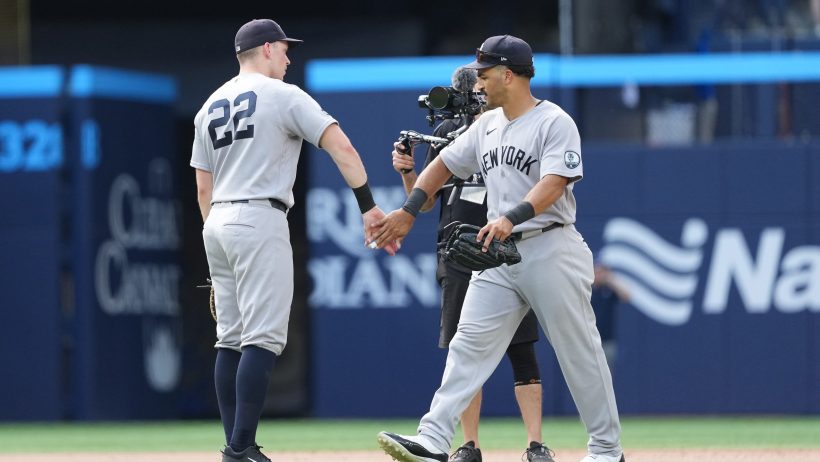 The Yankees celebrate a win over the Blue Jays.