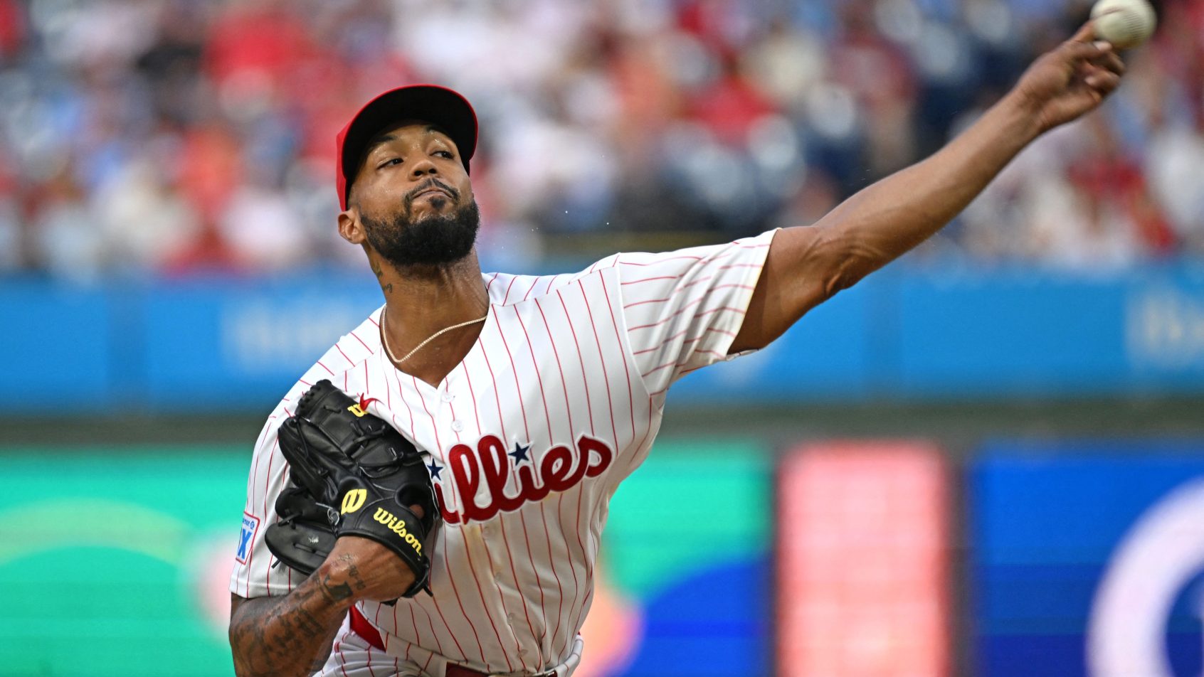 Cristopher Sanchez delivers a pitch vs the Marlins.
