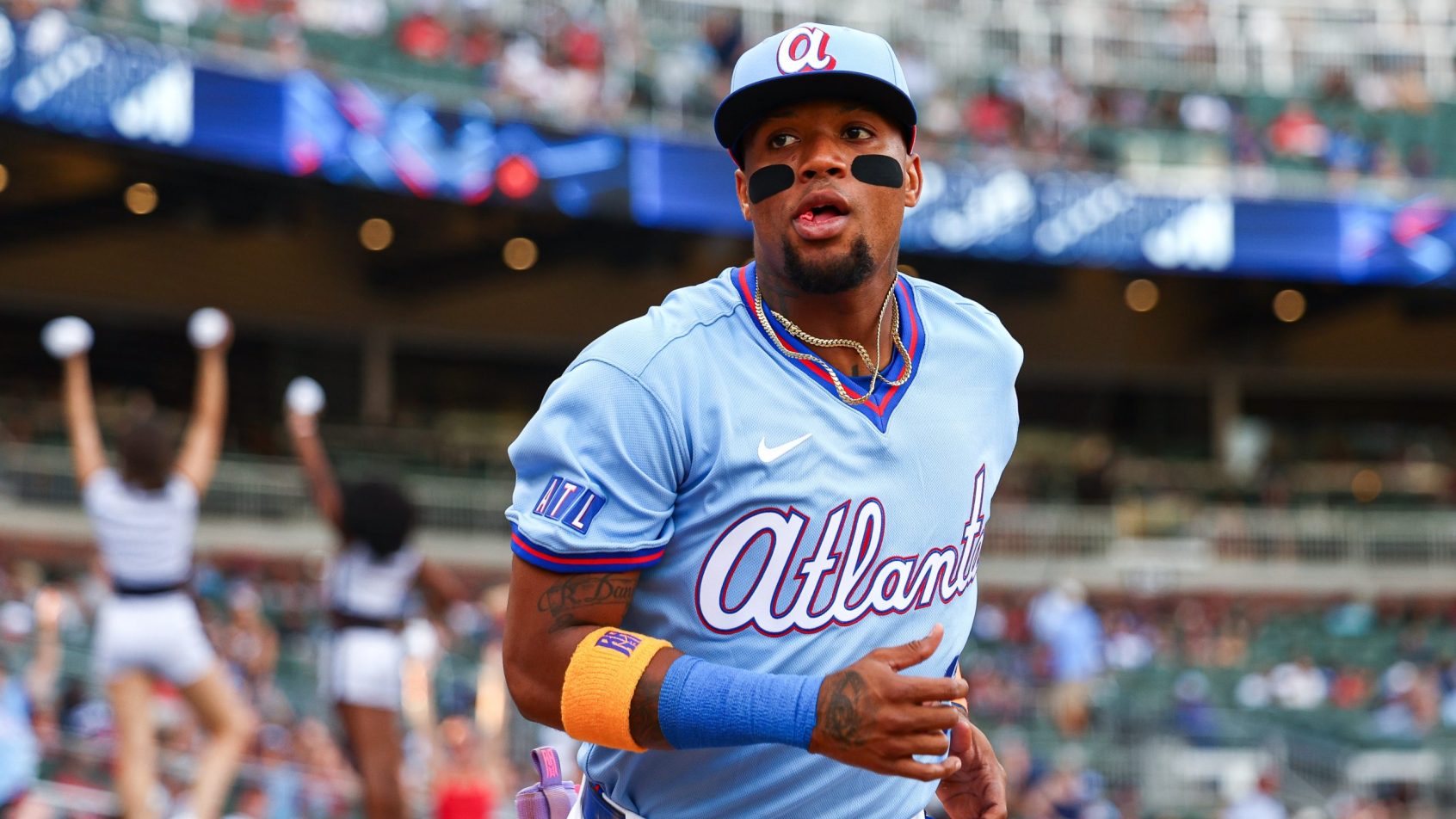 Ronald Acuna Jr. takes the field vs the Diamondbacks.