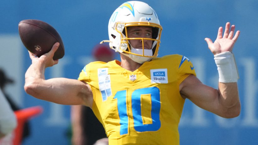 Justin Herbert delivers a pass in Training Camp.