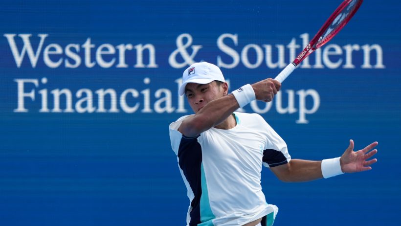 Brandon Nakashima smacks a forehand during play at the Cincinnati Open.