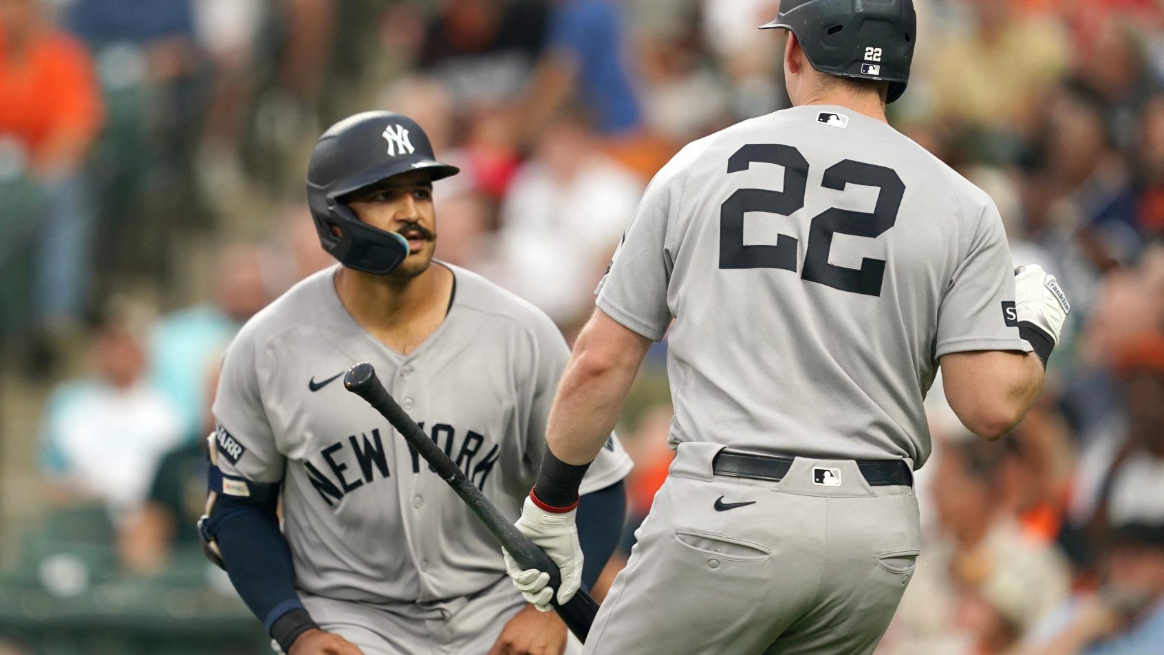 Trent Grisham celebrates with designated hitter Ben Rice