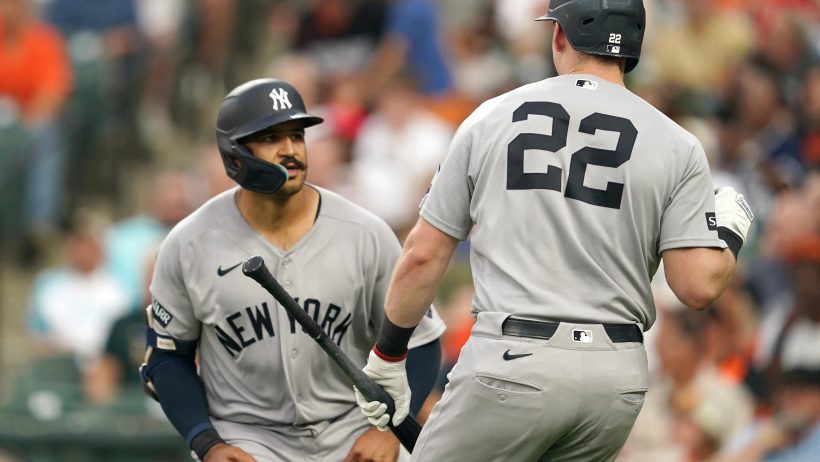 Trent Grisham celebrates with designated hitter Ben Rice