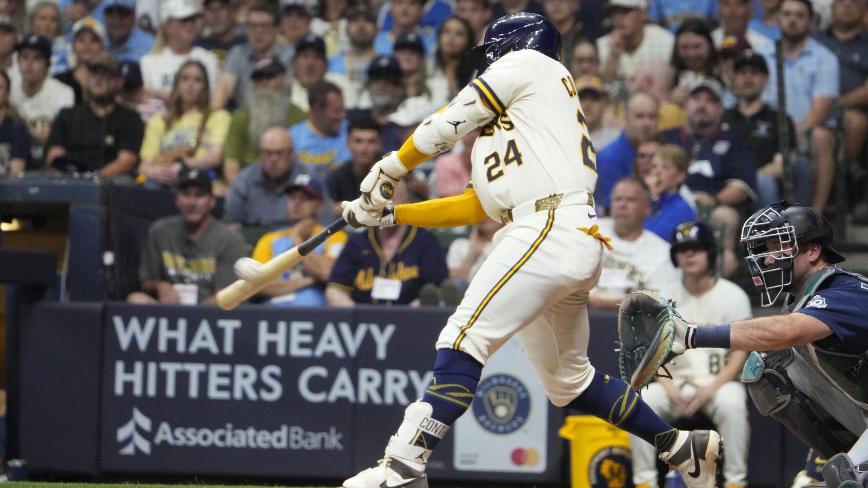 William Contreras hitting for the Milwaukee Brewers in the 2026 MLB season.