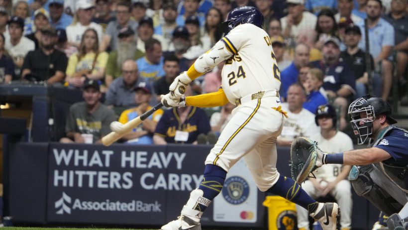 William Contreras hitting for the Milwaukee Brewers in the 2026 MLB season.