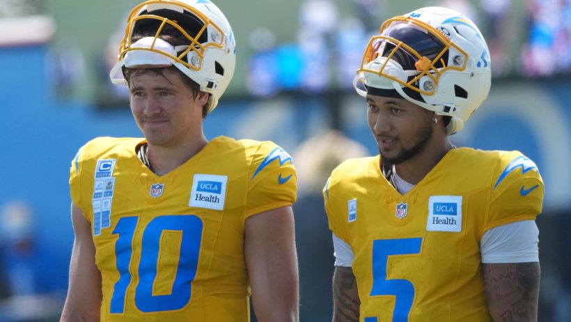 Los Angeles Chargers quarterbacks Justin Herbert and Trey Lance during joint practice