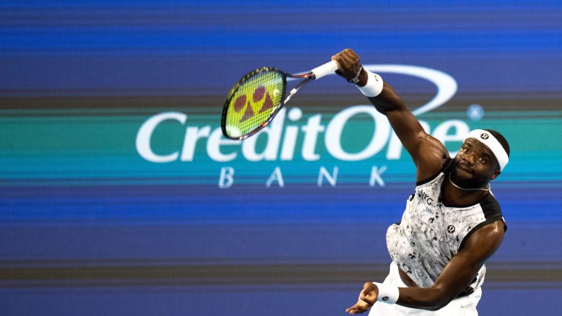 Frances Tiafoe serves at the Cincinnati Open.