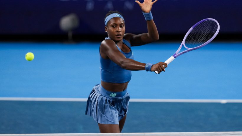 Coco Gauff volleys a winner during a match at the Cincinnati Open.