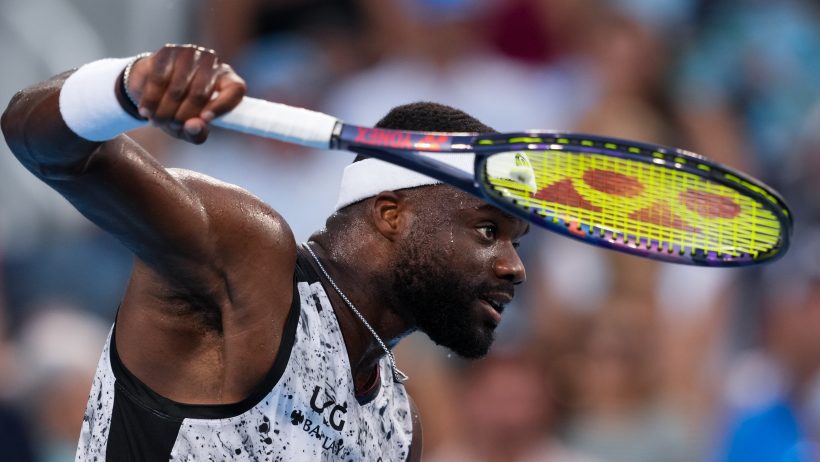 Frances Tiafoe returns during a match at the Cincinnati Open.