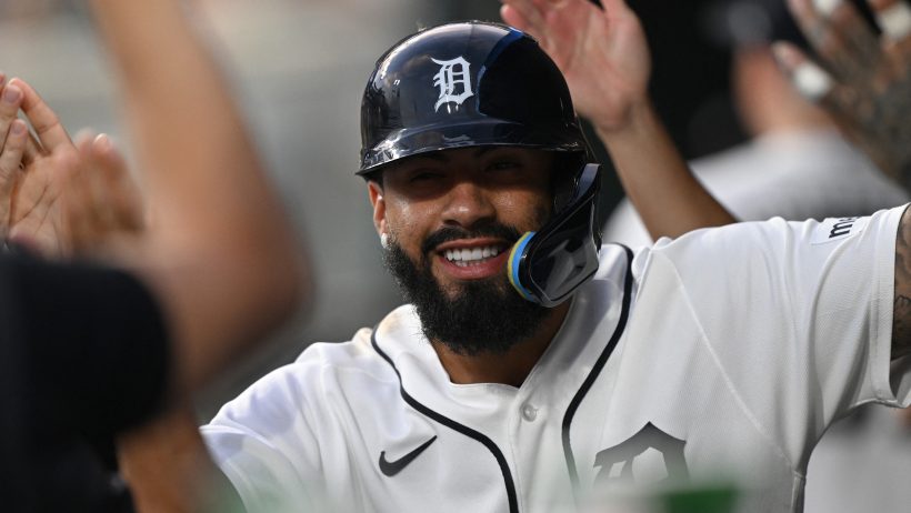 Gleyber Torres celebrates with his Tigers temmates.