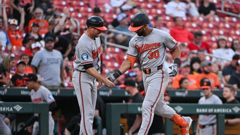 Leody Taveras celebrates a home run for the Orioles.