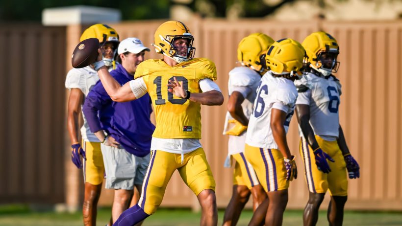 LSU's new quarterback Sam Leavitt fires a pass in practice.