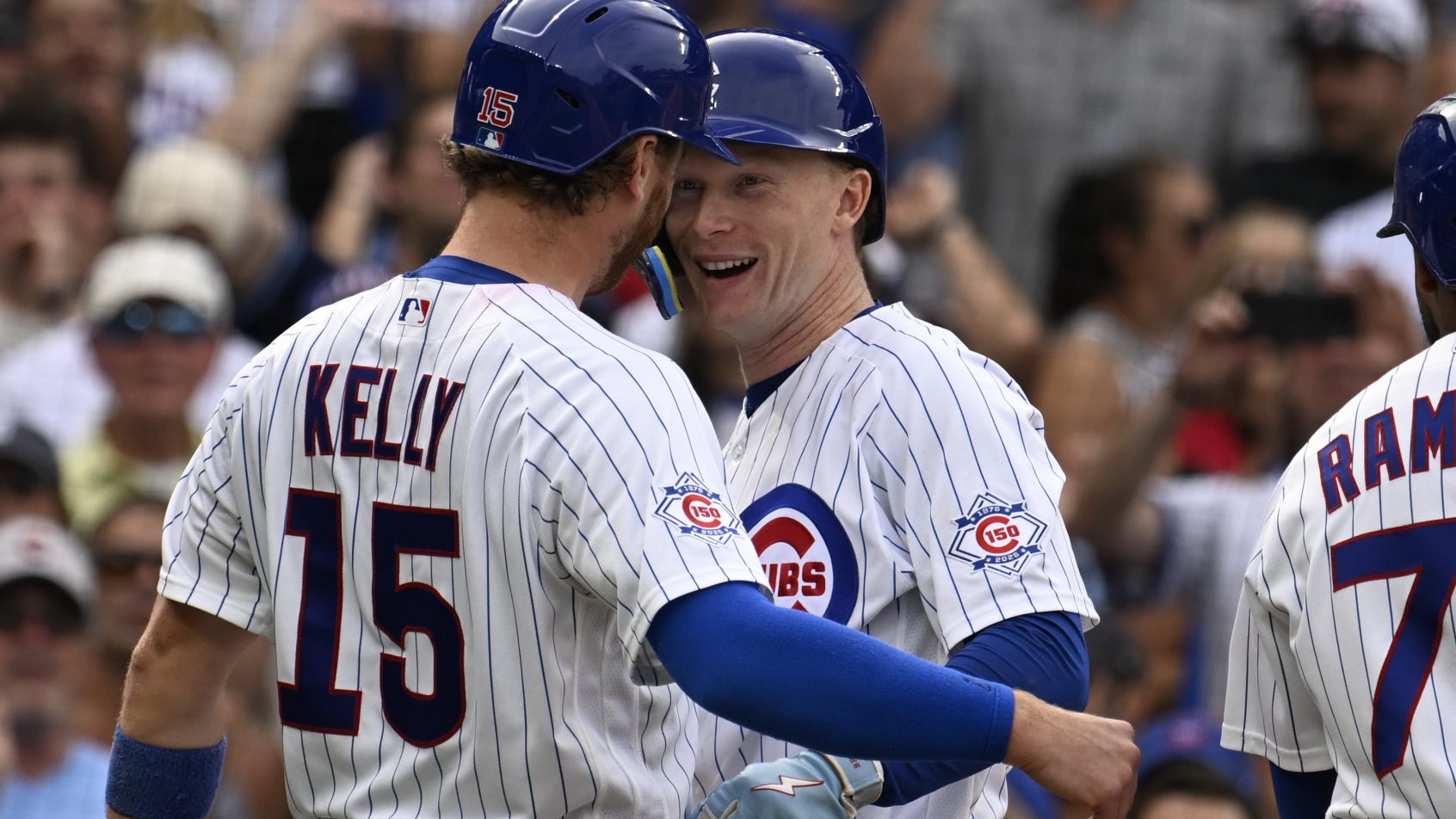 Chicago Cubs center fielder Pete Crow-Armstrong celebrates a HR with catcher Carson Kelly