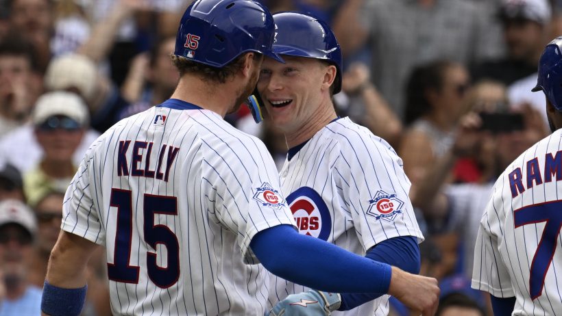 Chicago Cubs center fielder Pete Crow-Armstrong celebrates a HR with catcher Carson Kelly