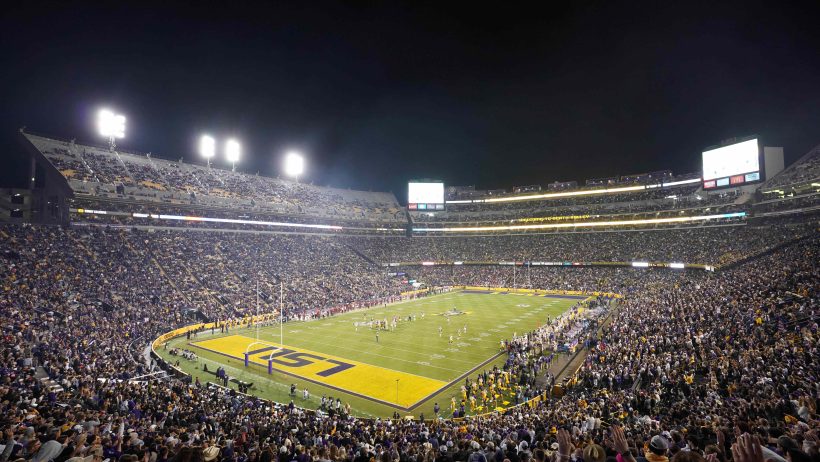 A general overall view of the opening kickoff between Arkansas Razorbacks and the LSU Tigers
