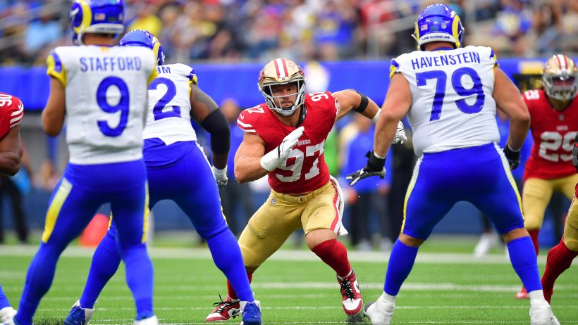 Nick Bosa tries to tack Matt Stafford