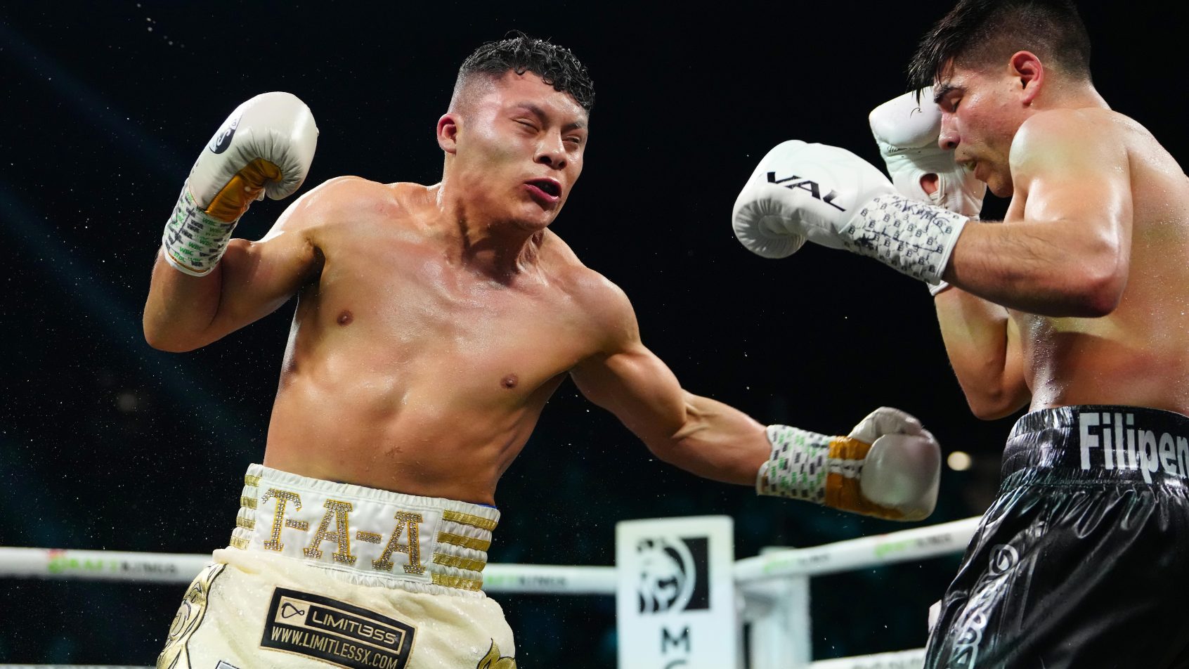 Jul 19, 2025; Las Vegas, Nevada, USA; Isaac Cruz fights Omar Salcido at MGM Grand Garden Arena. Mandatory Credit: Stephen R. Sylvanie-Imagn Images