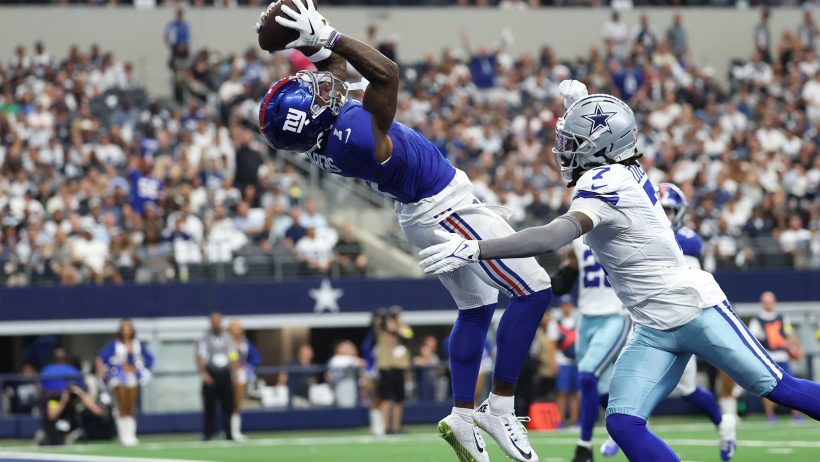 Malik Nabers catching a pass for the New York Giants against the Dallas Cowboys.