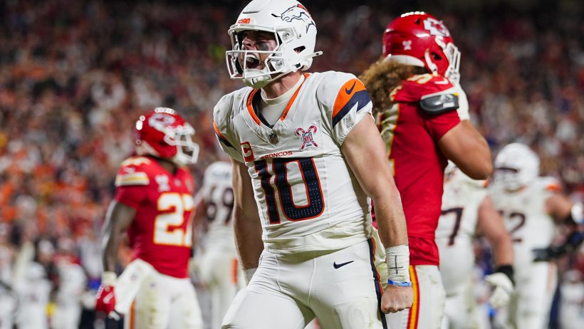 Denver Broncos quarterback Bo Nix celebrating a touchdown