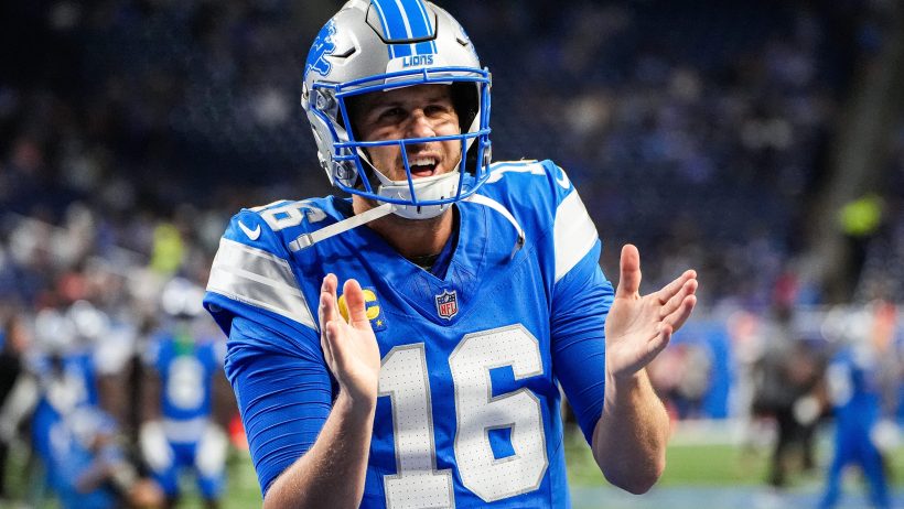 Jared Goff pumps up his team before a game vs the Browns.