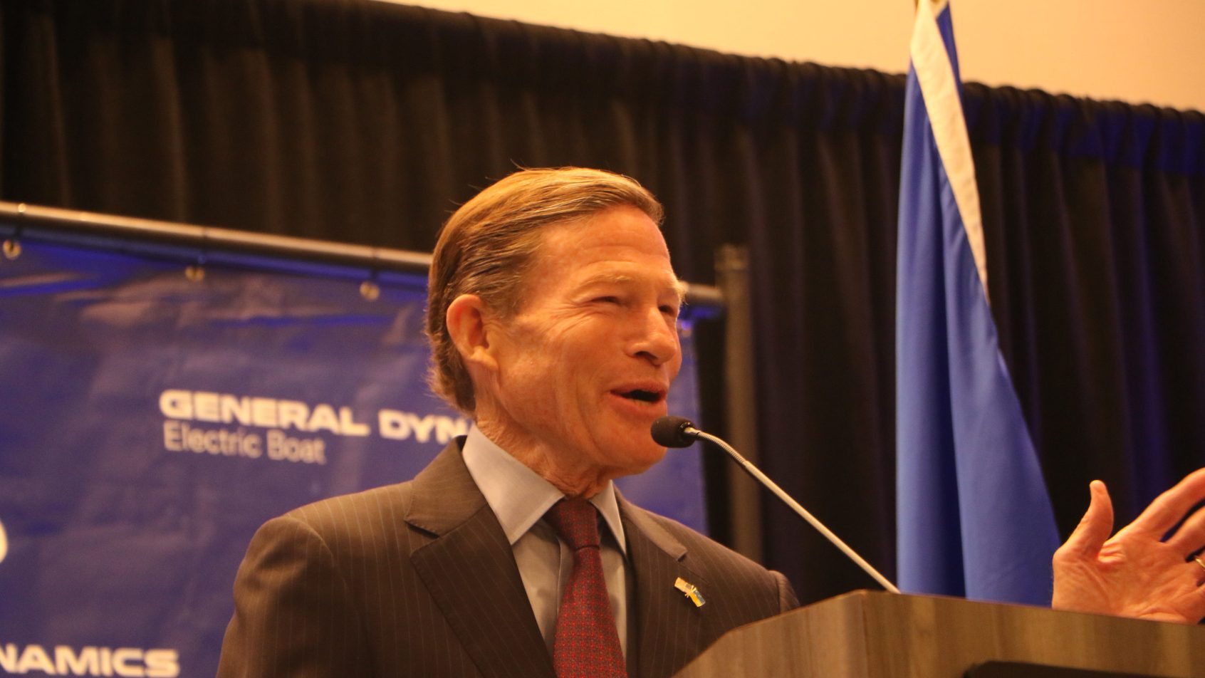 U.S. Sen. Richard Blumenthal, D-CT, comments during a General Dynamics Electric Boat briefing Monday, March 23, 2026, in Groton,
