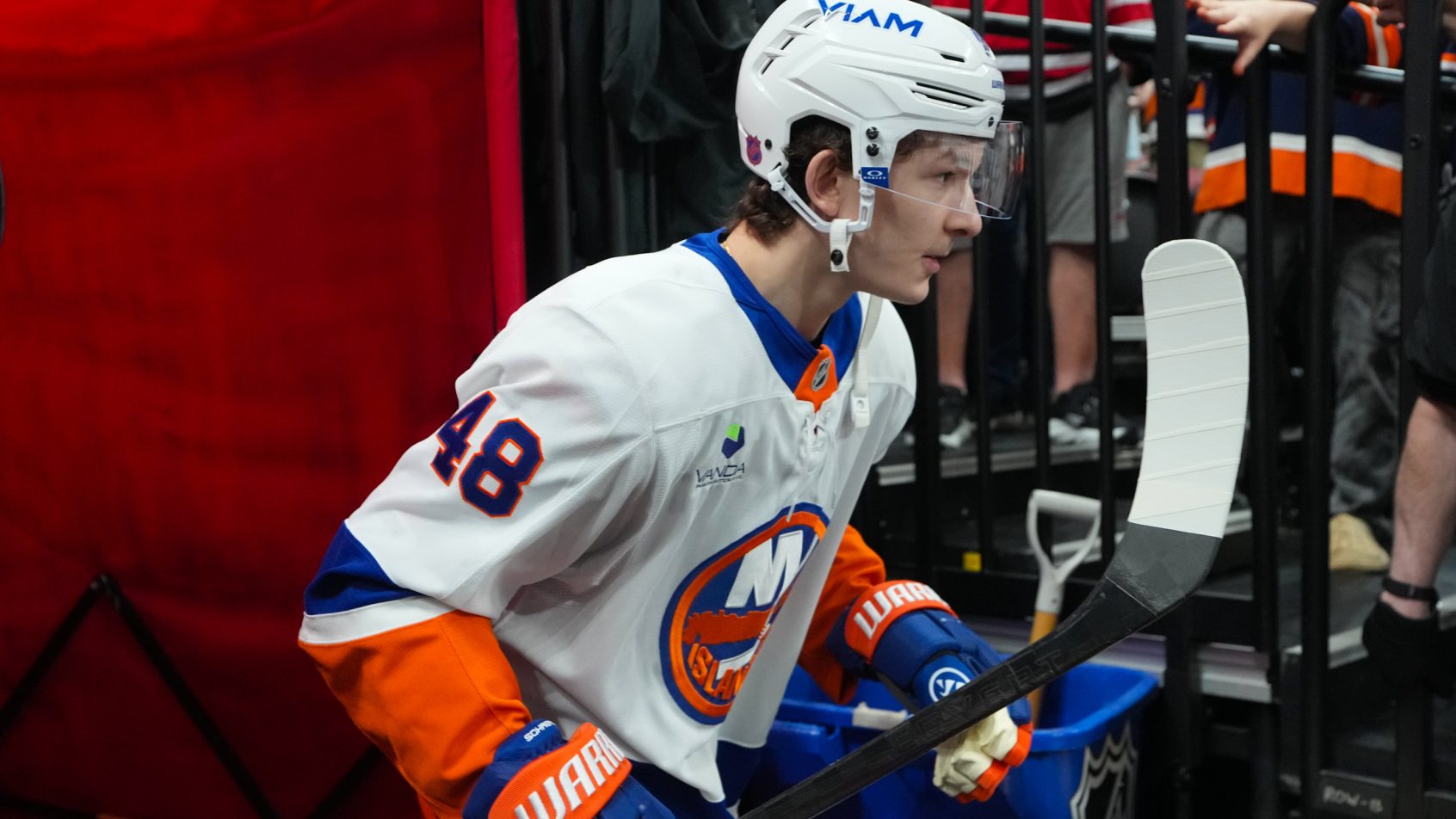 Matthew Schaefer heads out onto the ice for a game vs the Hurricanes.