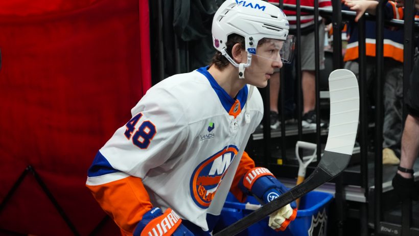 Matthew Schaefer heads out onto the ice for a game vs the Hurricanes.