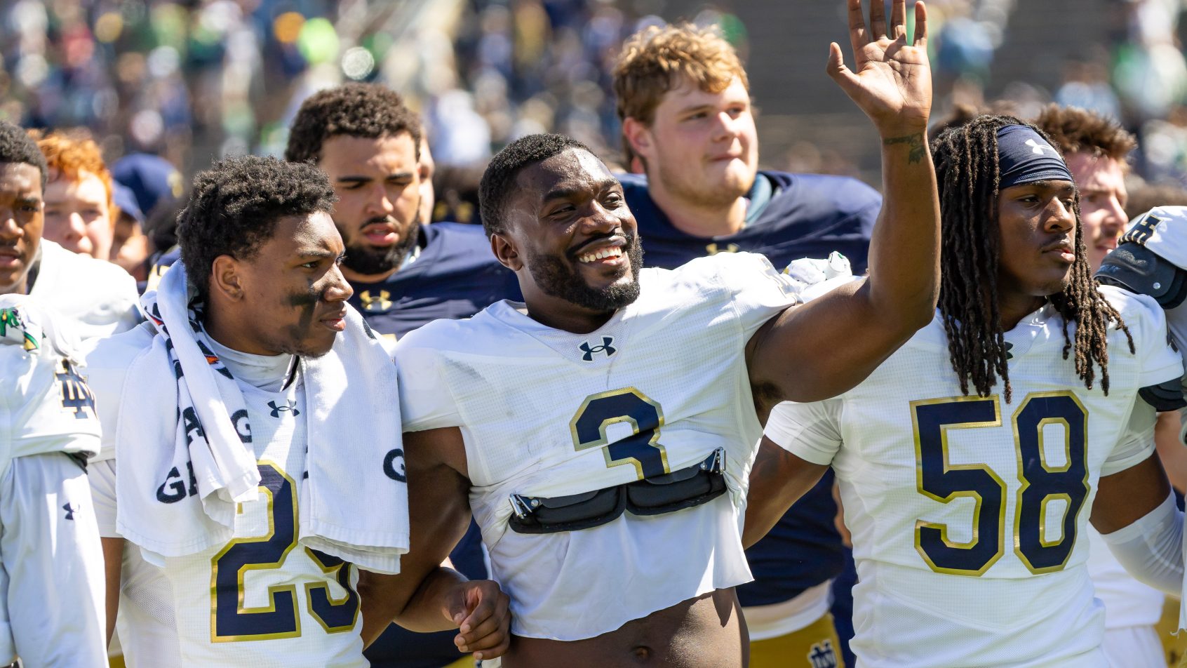 Notre Dame celebrate during a spring football game.