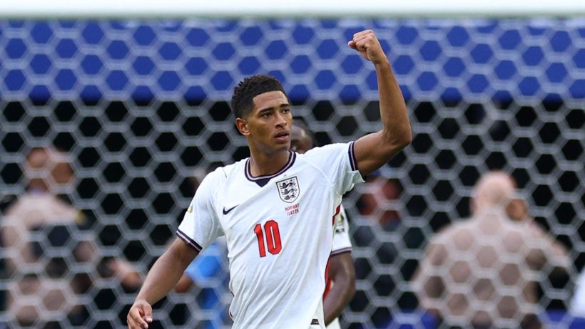 Jude Bellingham celebrating a goal with England in the 2026 FIFA World Cup.