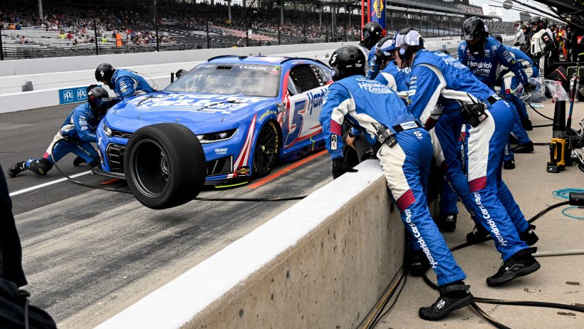 Kyle Larson pits during Brickyard 400 (2026).