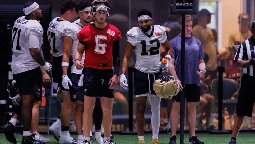Tyler Shough and Chris Olave at Saints training camp