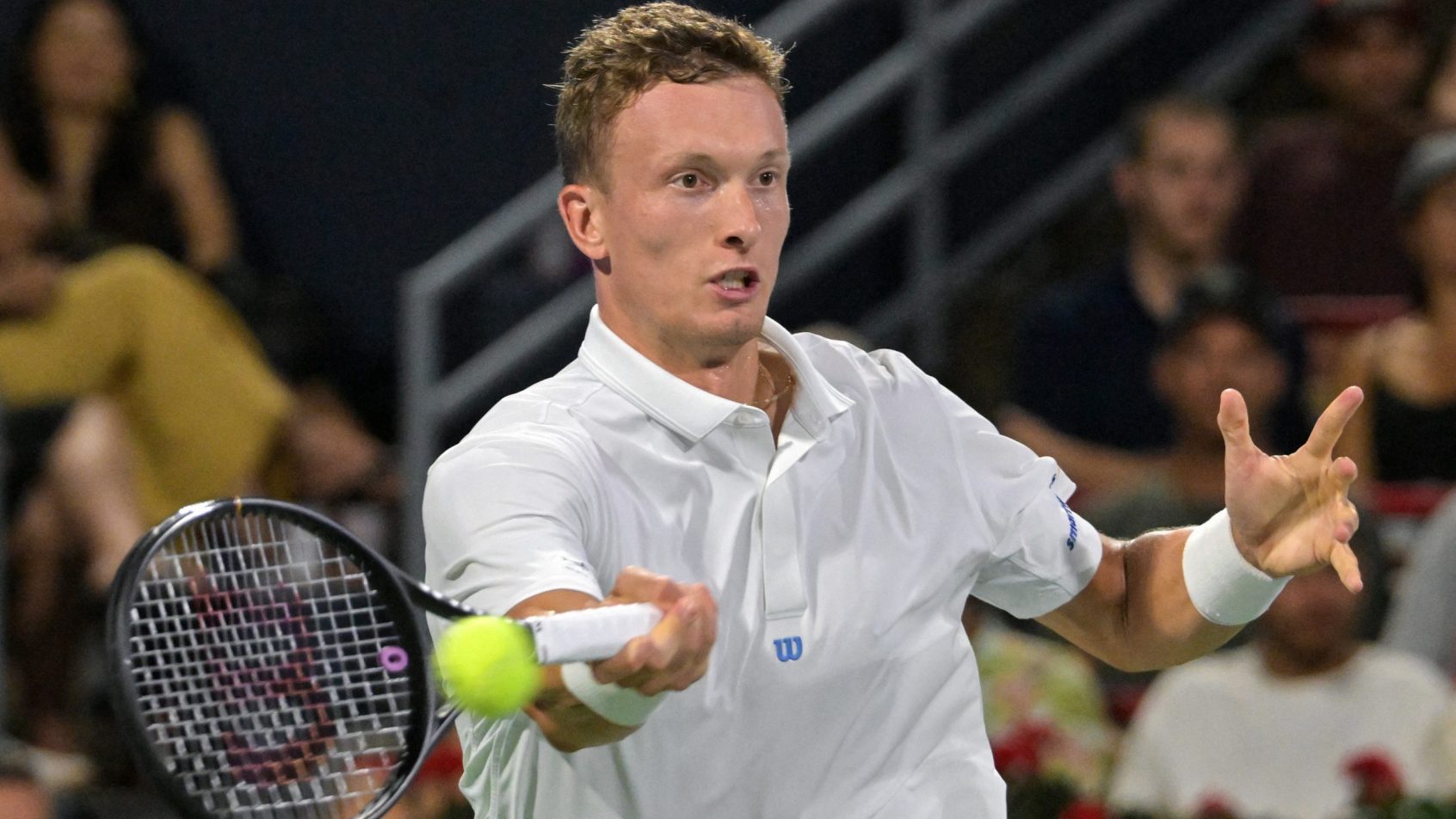 Jiri Lehecka smacks a forehand during play at the National Bank Open.