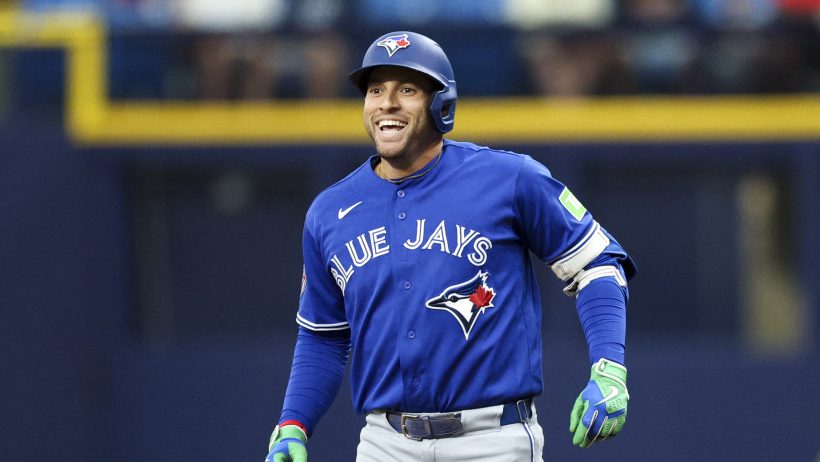 George Springer celebrates his RBI single versus the Rays.