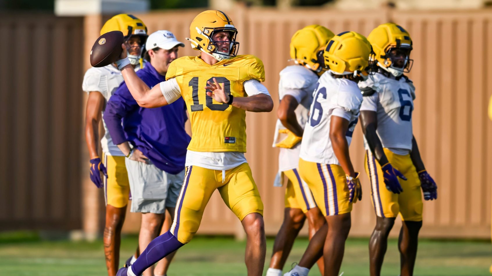 Sam Leavitt throws during an LSU practice.