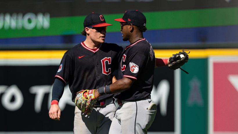 The Guardians celebrate a win over the Angels.