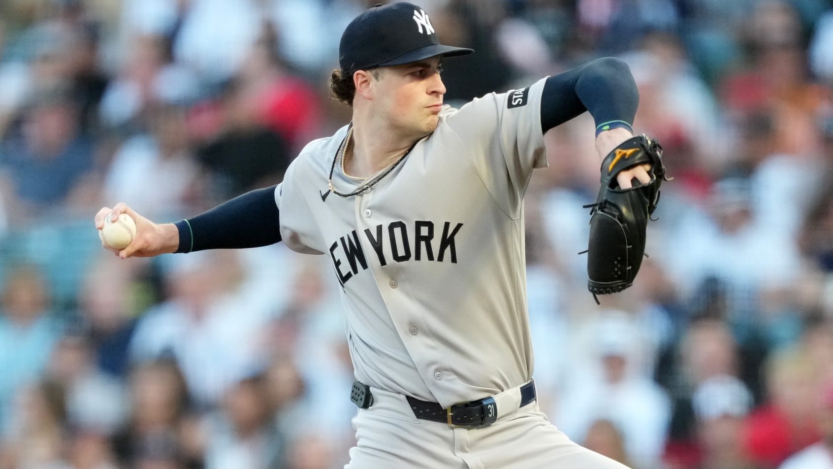 Cam Schlittler delivers a pitch against the LA Angels.
