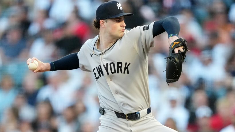 Cam Schlittler delivers a pitch against the LA Angels.