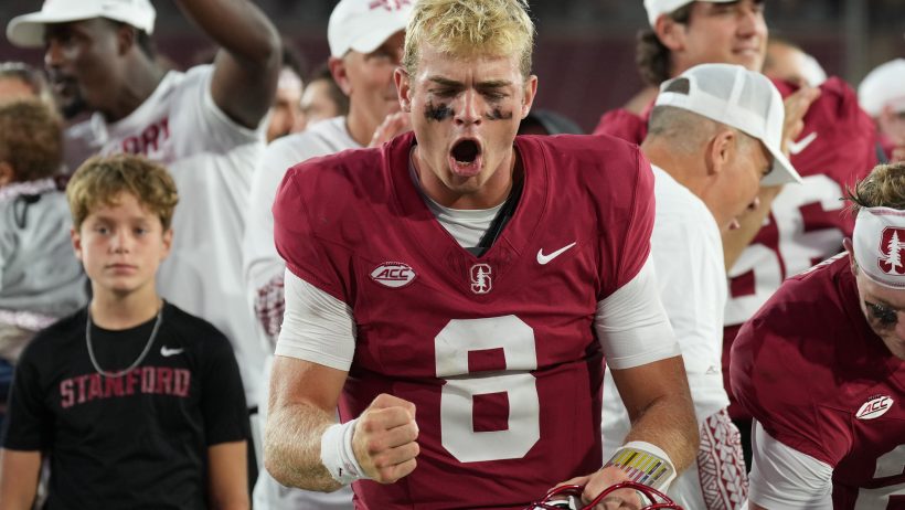 Stanford quarterback Davis Warren celebrates during a game vs Hawaii.