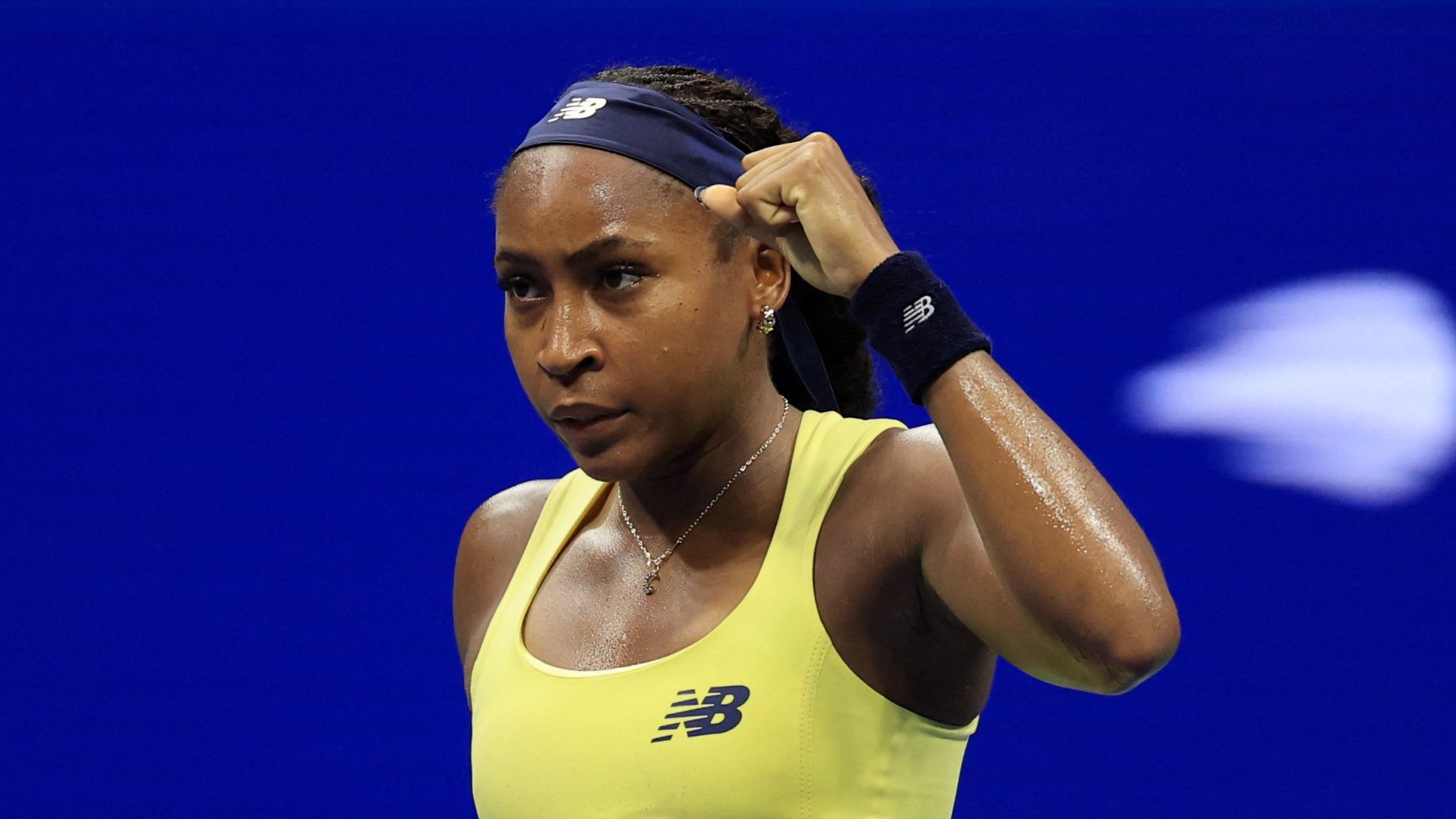 Coco Gauff celebrates a win at the US Open.