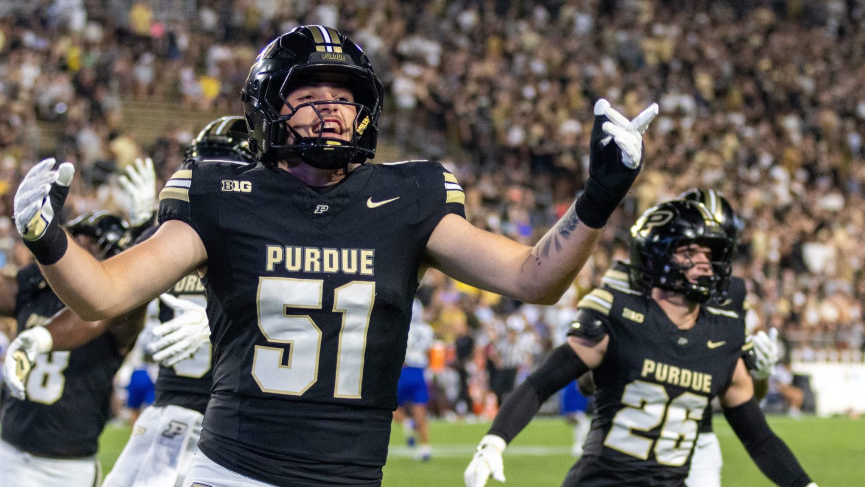 Purdue celebrates during a win over Indiana State.