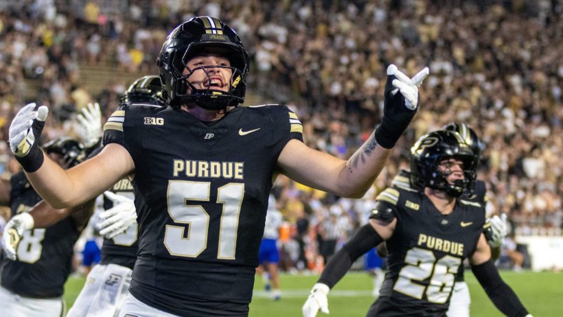 Purdue celebrates during a win over Indiana State.