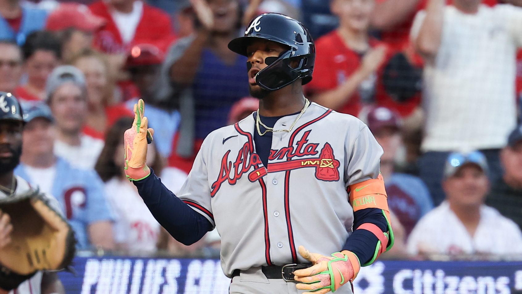 Ronald Acuna Jr. celebrates vs the Phillies.