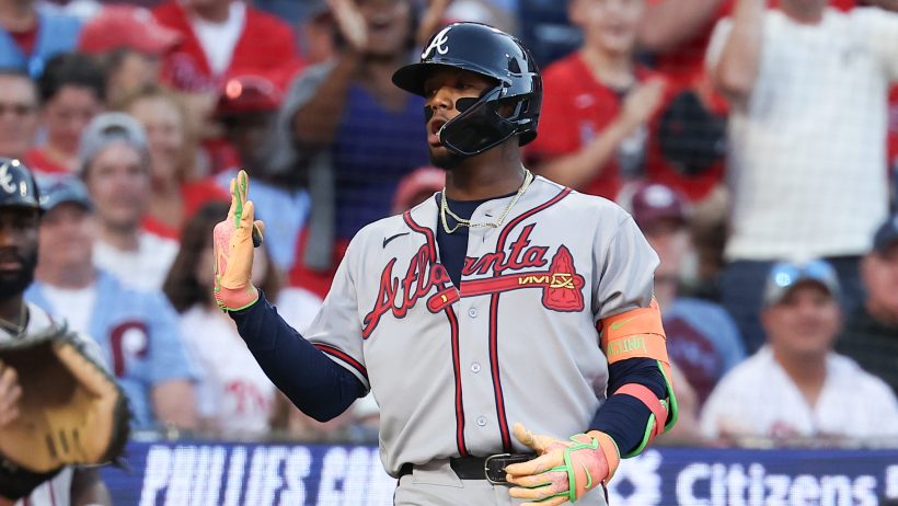 Ronald Acuna Jr. celebrates vs the Phillies.