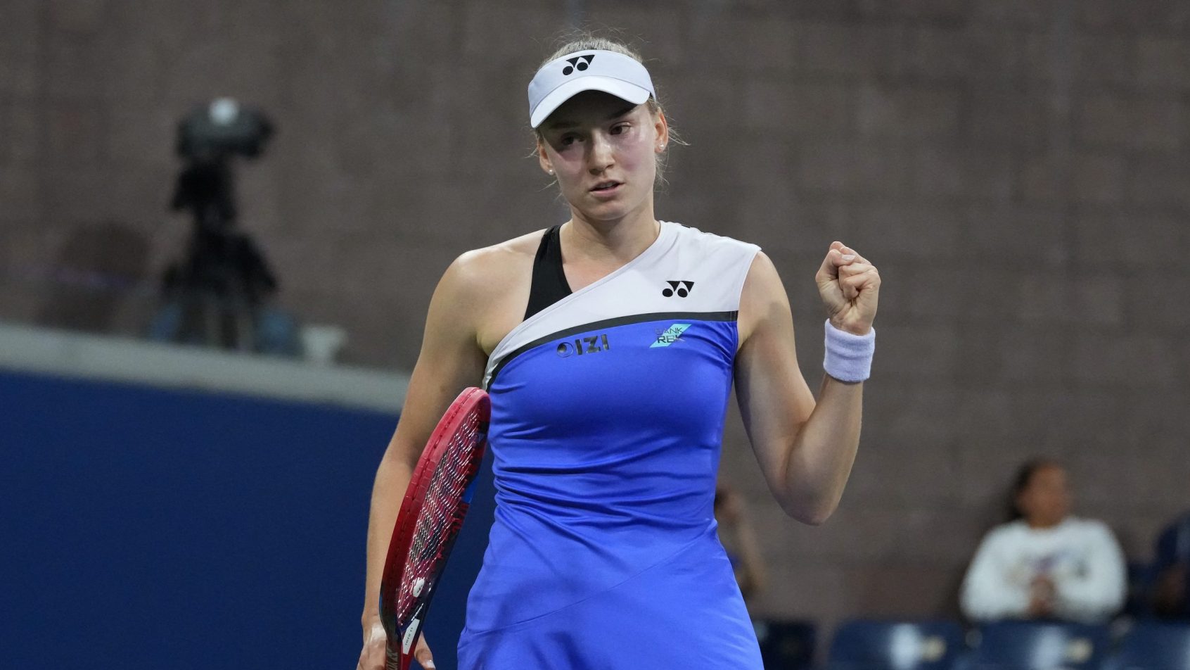 Elena Rybakina celebrates during a US Open match.