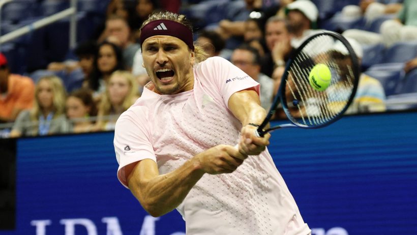 Alexander Zverev smacks a backhand at the US Open.