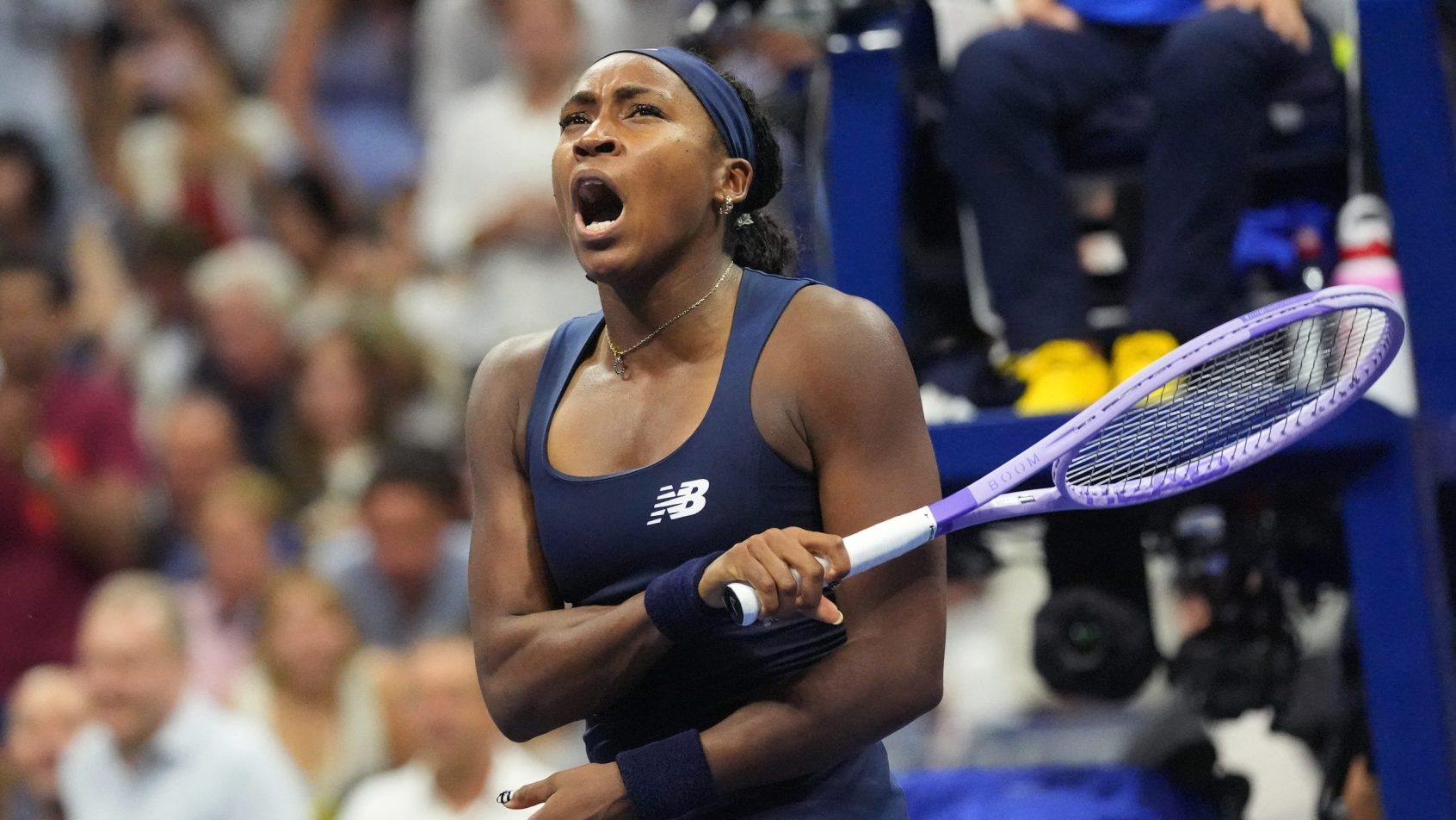 Coco Gauff celebrates a victory at the 2026 US Open.