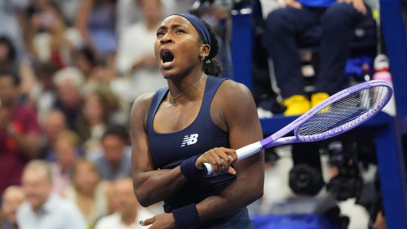 Coco Gauff celebrates a victory at the 2026 US Open.