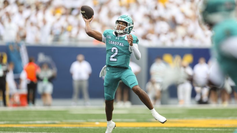 Deuce Bailey throws on the run vs West Virginia.